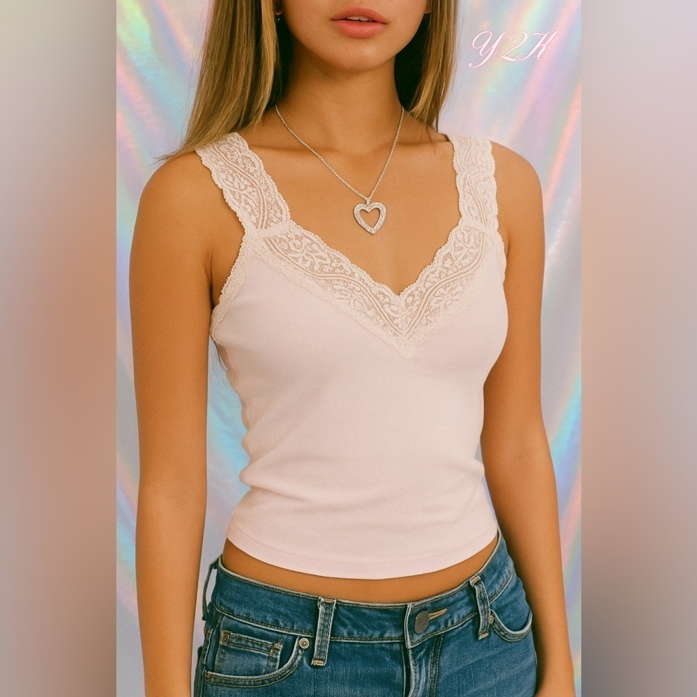 Vintage Chico’s Light Pink Lace Trim Camisole Tank Top Cotton Size 3 Y2K